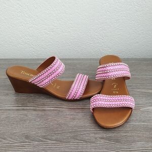 Toscanella HOPEFUL Pink w/ Gold Beads Slip On Low Wedge Sandals Shoes 6.5